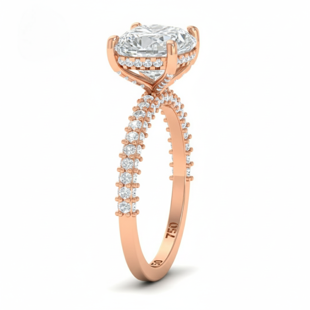 Bague de fiançailles Mia en diamant taille cœur avec halo de diamants cachés et anneau en diamant 3D