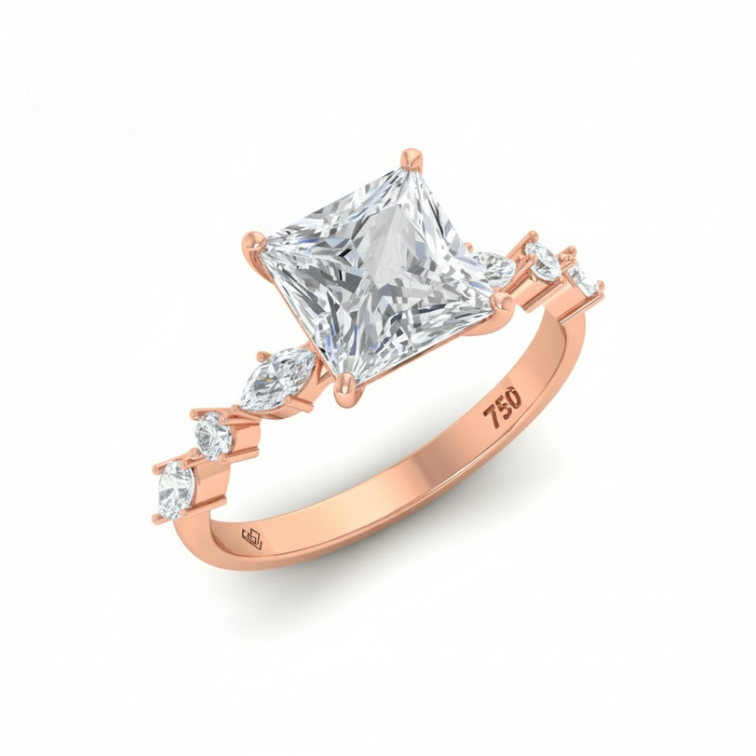 Elizabeth Princess Cut Diamond Engagement Ring With A Marquise and Round Cut Diamond Band