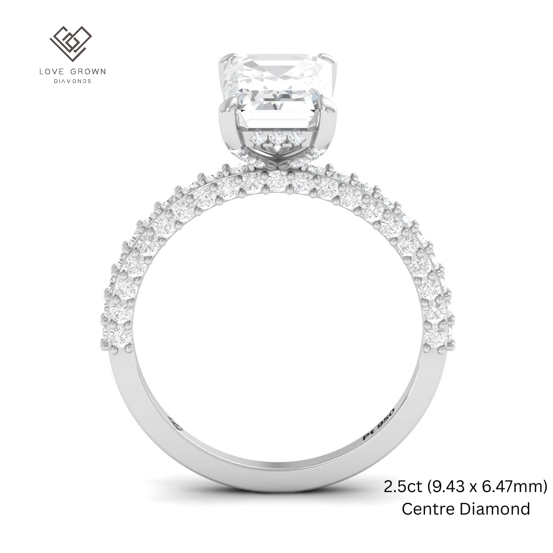 Mia Emerald Cut Diamond Engagement Ring with Diamond Hidden Halo and 3D Diamond Band