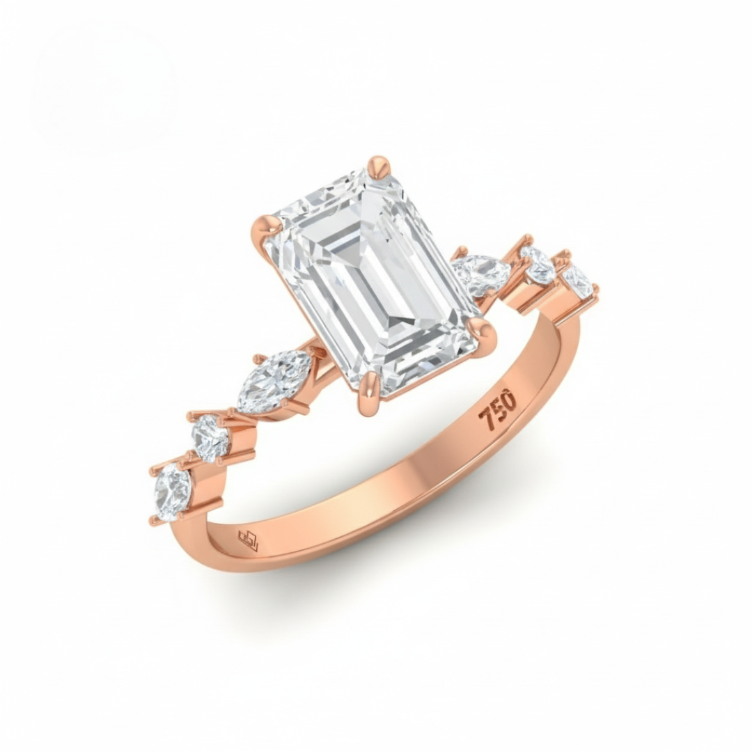 Elizabeth Emerald Cut Diamond Engagement Ring With A Marquise and Round Cut Diamond Band