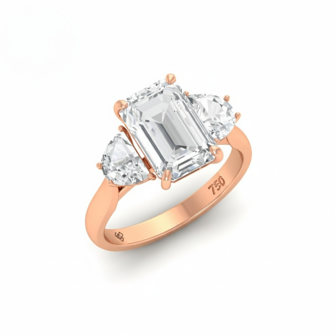 Kamala Emerald Cut Diamond Engagement Ring with Half Moon Cut Sides Diamonds