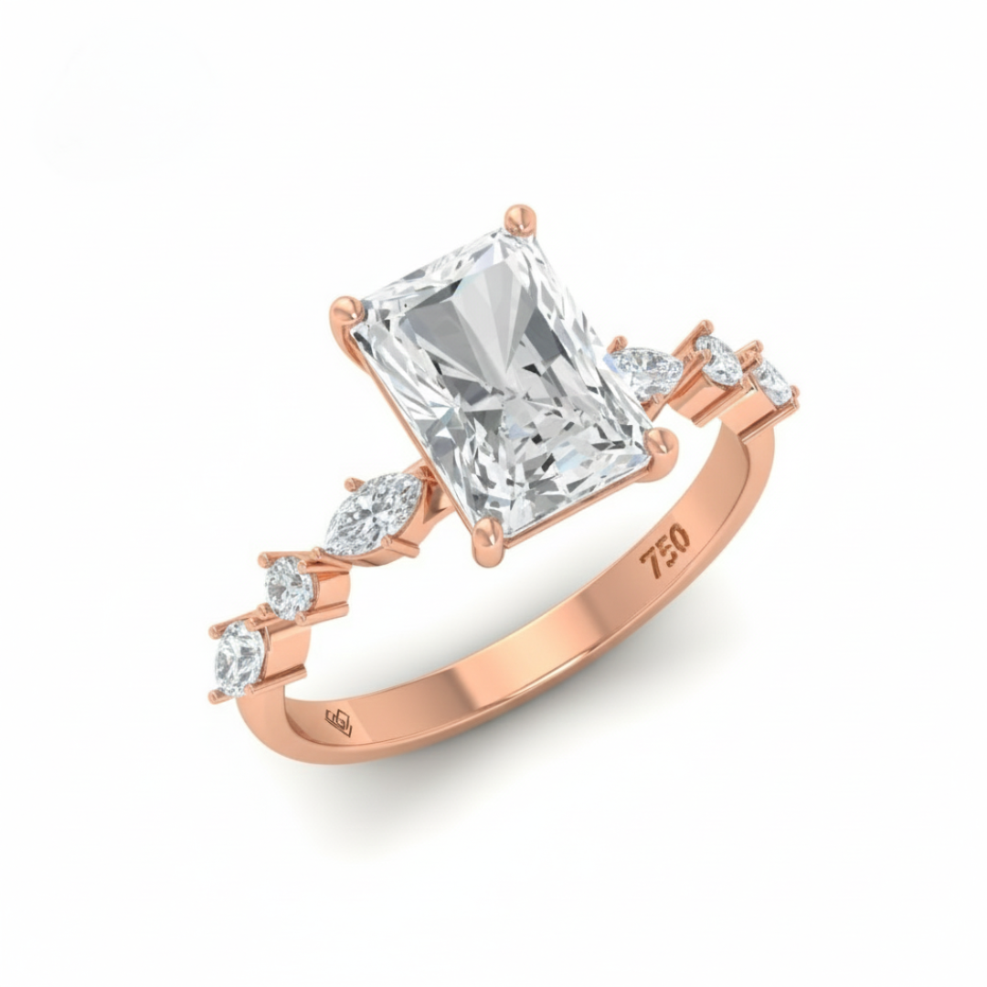 Elizabeth Radiant Cut Diamond Engagement Ring With A Marquise And Round Cut Diamond Band