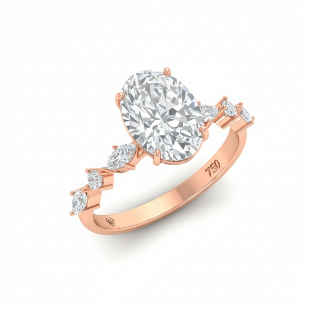 Elizabeth Oval Cut Diamond Engagement Ring With A Marquise And Round Cut Diamond Band.