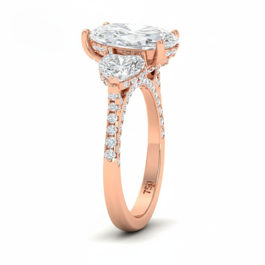 Victoria Pear Cut Diamond Engagement Ring with Heart Cut Side Diamonds and 3D Diamond Band