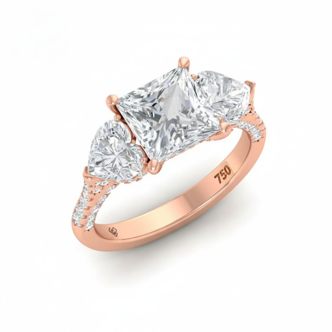 Victoria Princess Cut Diamond Engagement Ring with Heart Cut Side Diamonds and 3D Diamond Band