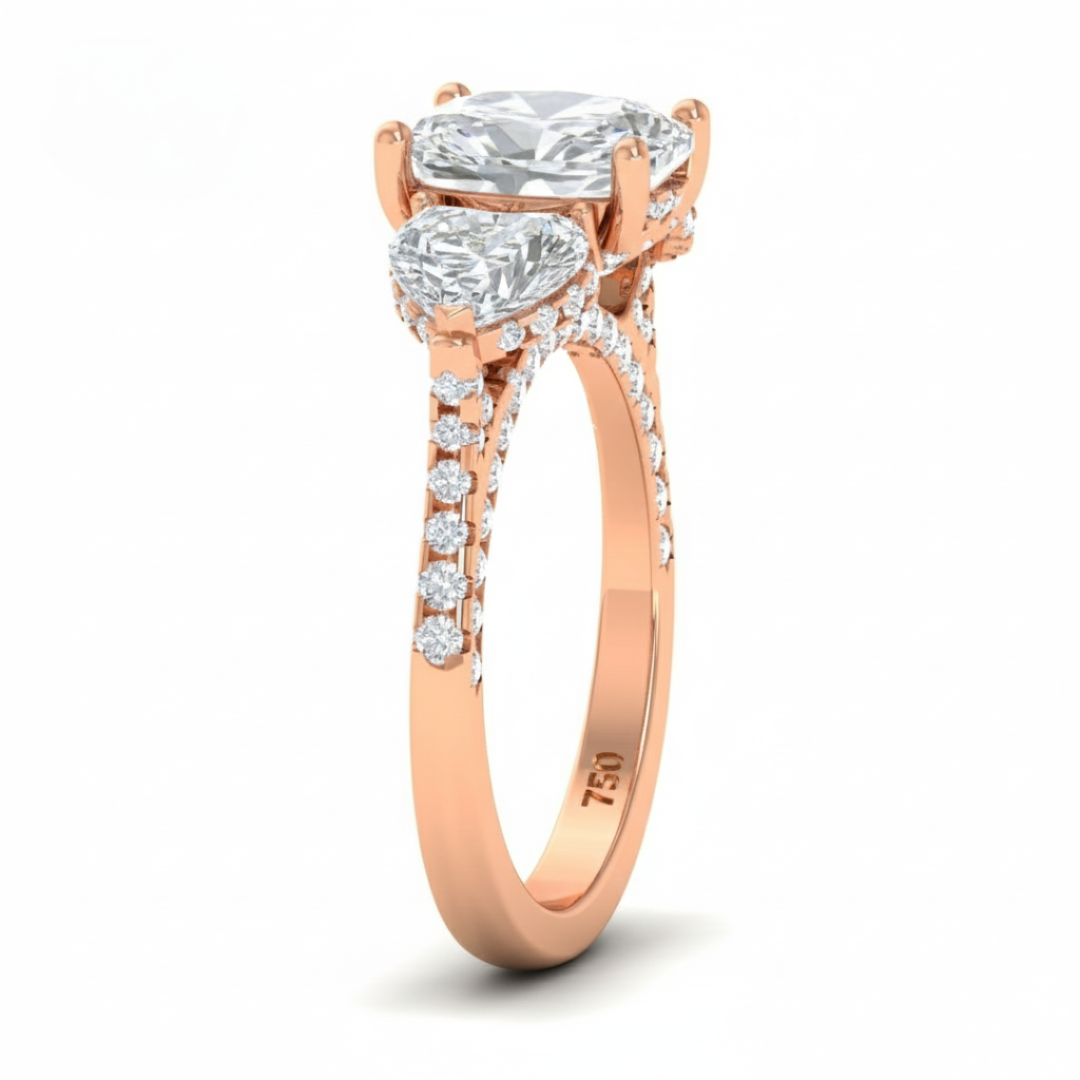 Victoria Cushion Cut Diamond Engagement Ring with Heart Cut Side Diamonds and 3D Diamond Band