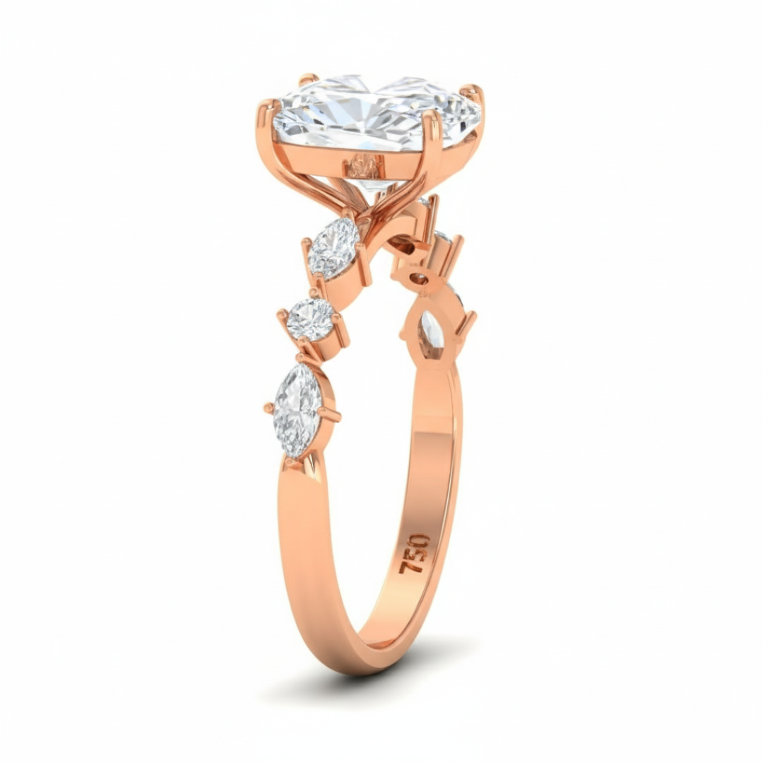 Elizabeth Cushion Diamond Engagement Ring With A Marquise and Round Cut Diamond Band