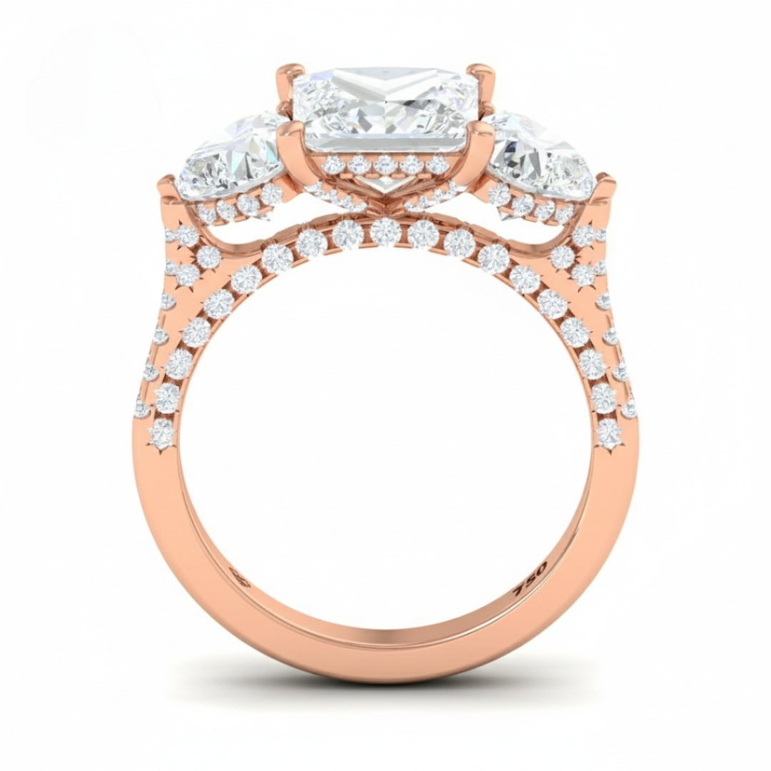 Victoria Princess Cut Diamond Engagement Ring with Heart Cut Side Diamonds and 3D Diamond Band