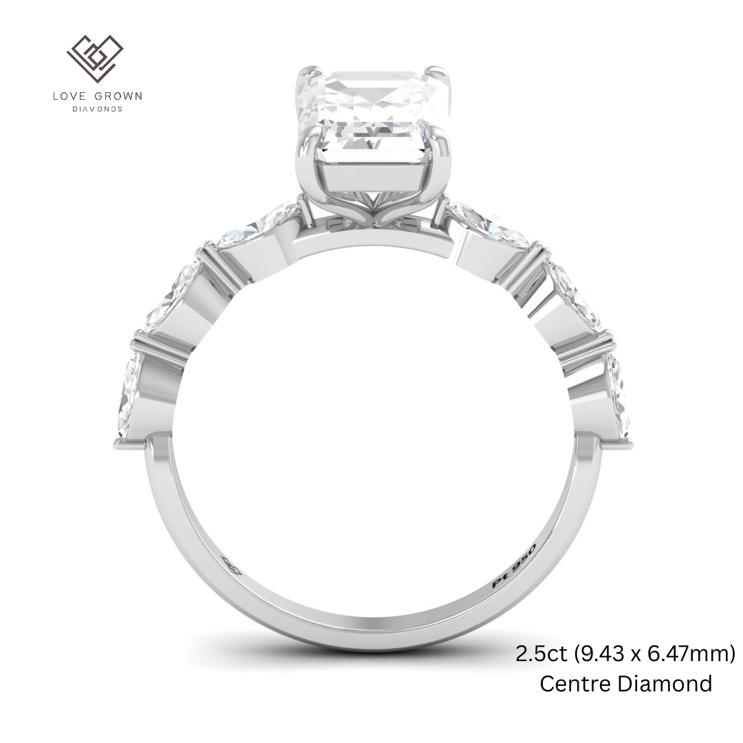 Kasandra Emerald Cut Diamond Engagement RIng With A Marquise Cut Diamonds Band