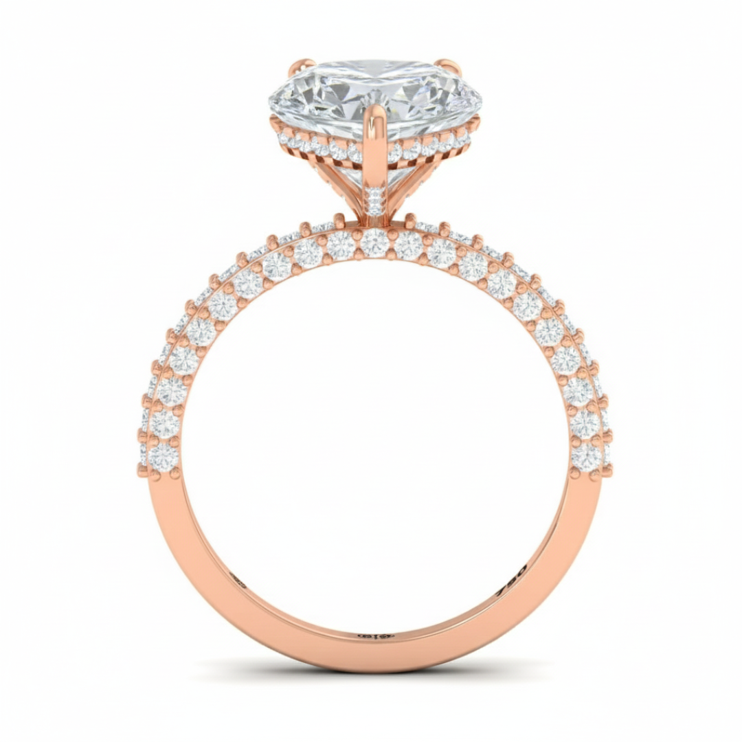 Bague de fiançailles Mia en diamant taille cœur avec halo de diamants cachés et anneau en diamant 3D