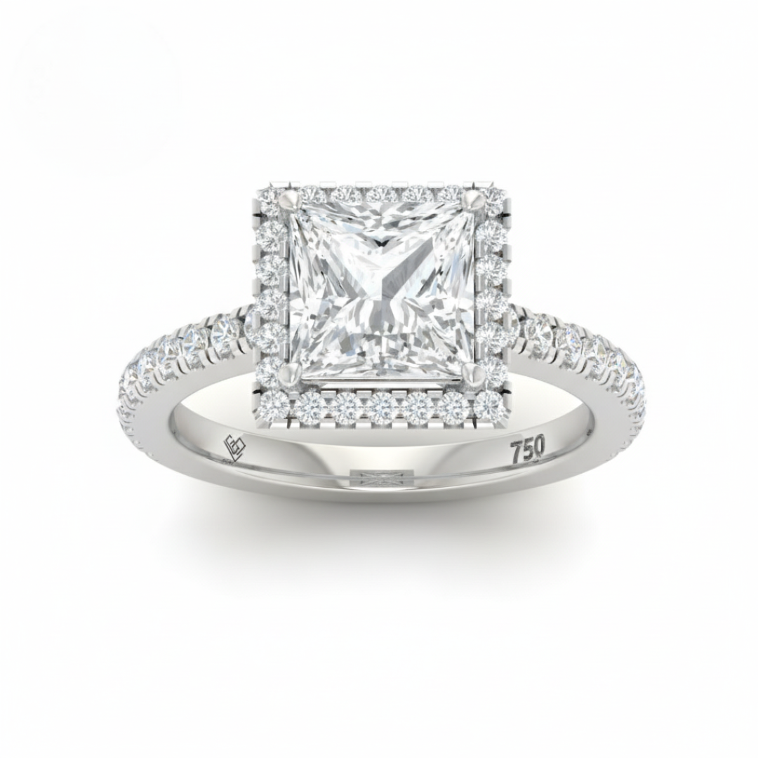 Bella Princess Cut Diamond Engagement Ring with Diamond Halo & Diamond Band