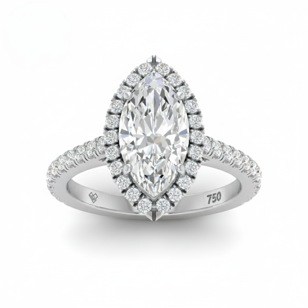 Bella Marquise Cut Diamond Engagement Ring with Diamond Halo & Diamond Band