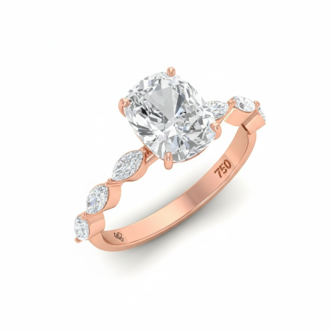 Kasandra Cushion Cut Diamond Engagement Ring With A Marquise Cut Diamond Band