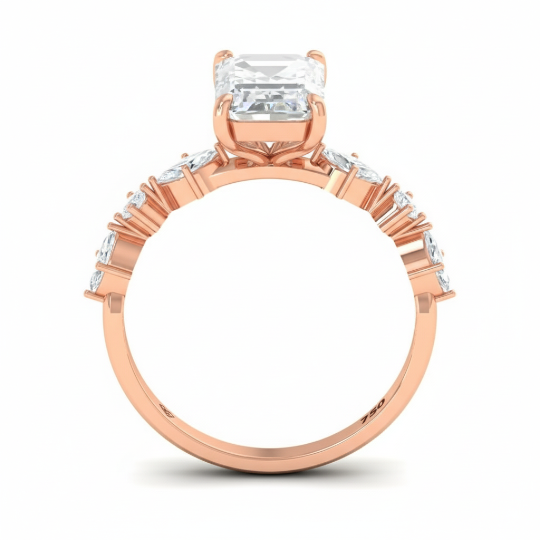 Elizabeth Emerald Cut Diamond Engagement Ring With A Marquise and Round Cut Diamond Band