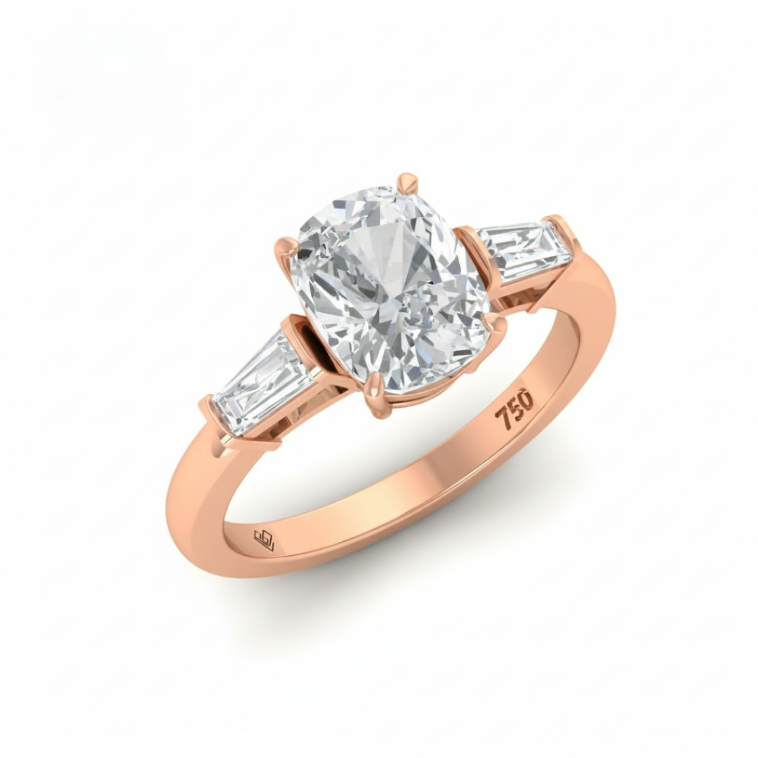 Mary Cushion Cut Diamond Engagement Ring with Tapering Baguette Cut Side Diamonds
