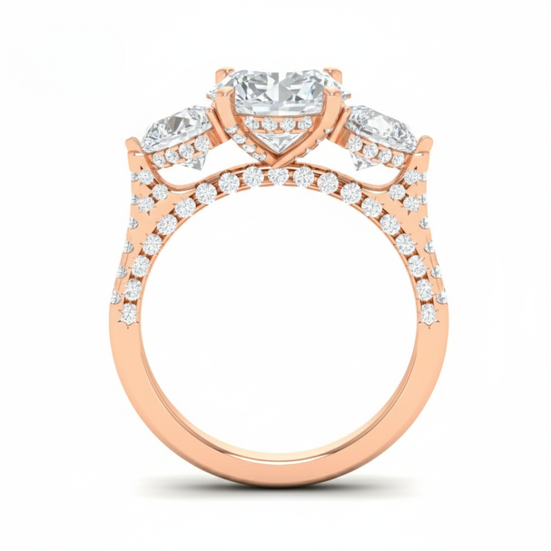 Victoria Round Brilliant Cut Diamond Engagement Ring with Heart Cut Side Diamonds and 3D Diamond Band