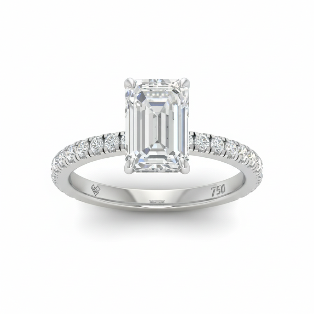 Chloé Emerald Cut Diamond Engagement Ring with Diamond Hidden Halo and Diamond Band