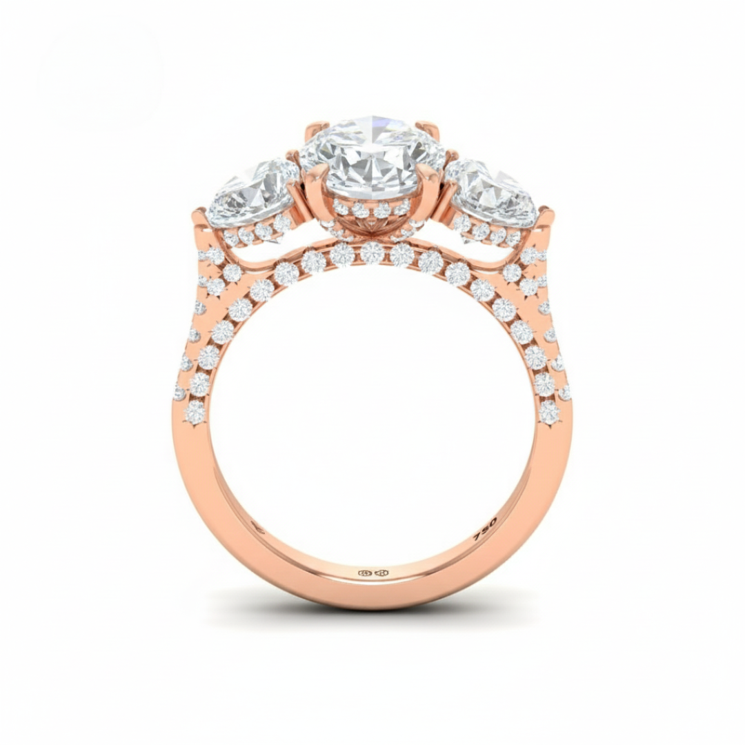Victoria Oval Cut Diamond Engagement Ring with Heart Cut Side Diamonds and 3D Diamond Band