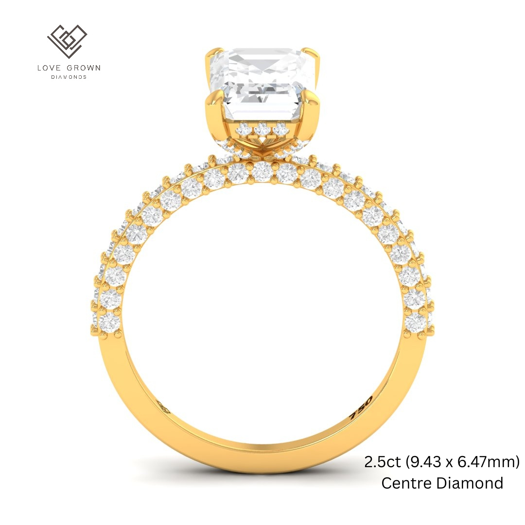 Mia Emerald Cut Diamond Engagement Ring with Diamond Hidden Halo and 3D Diamond Band