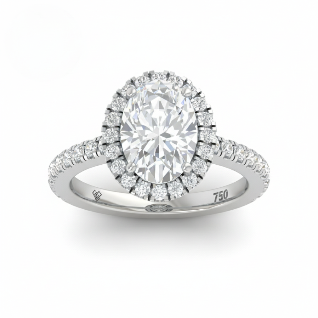 Bella Oval Cut Diamond Engagement Ring with Diamond Halo & Diamond Band