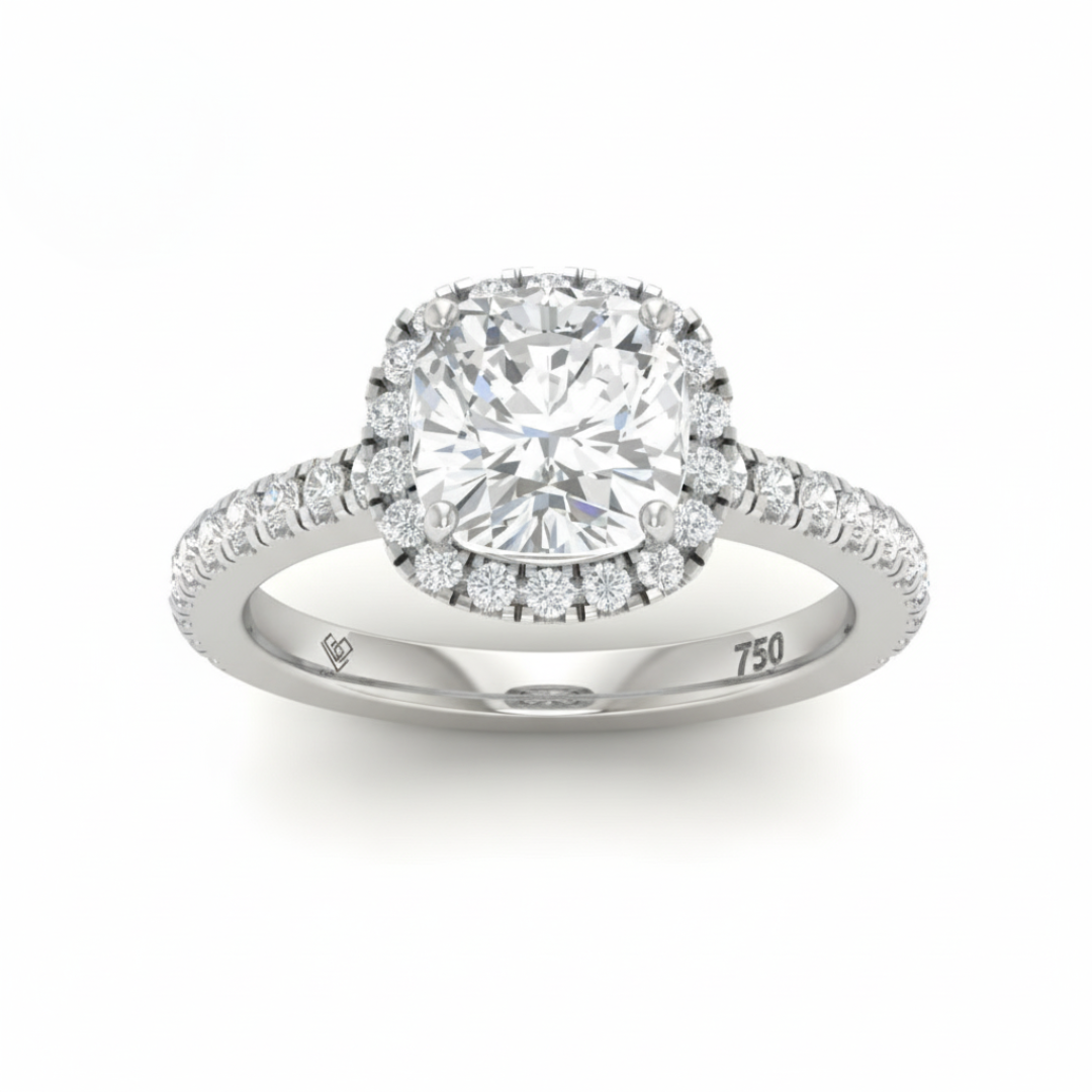 Bella Cushion Cut Diamond Engagement Ring with Diamond Halo & Diamond Band