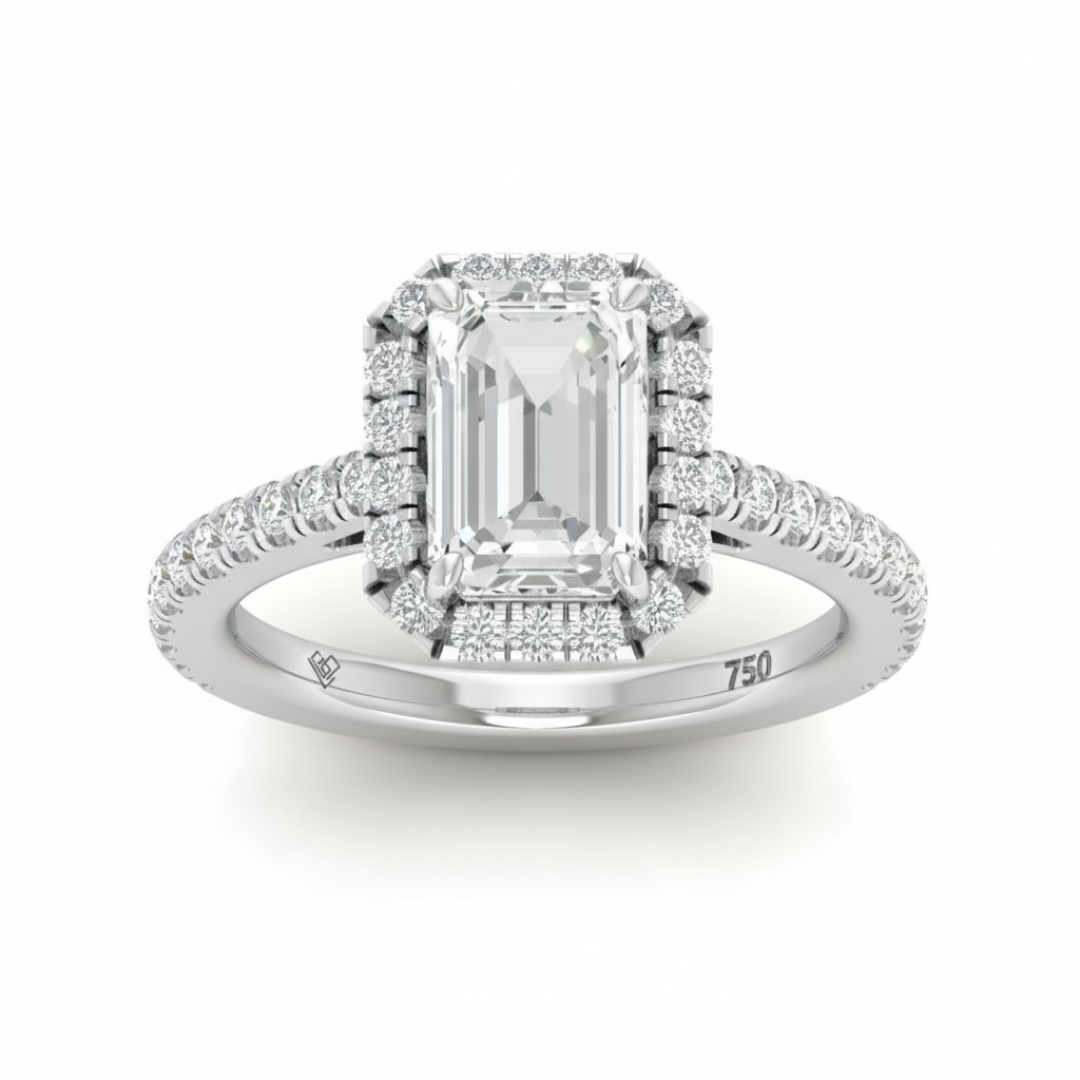 Bague de fiançailles Bella en diamant taille émeraude avec halo et anneau sertis de diamants.