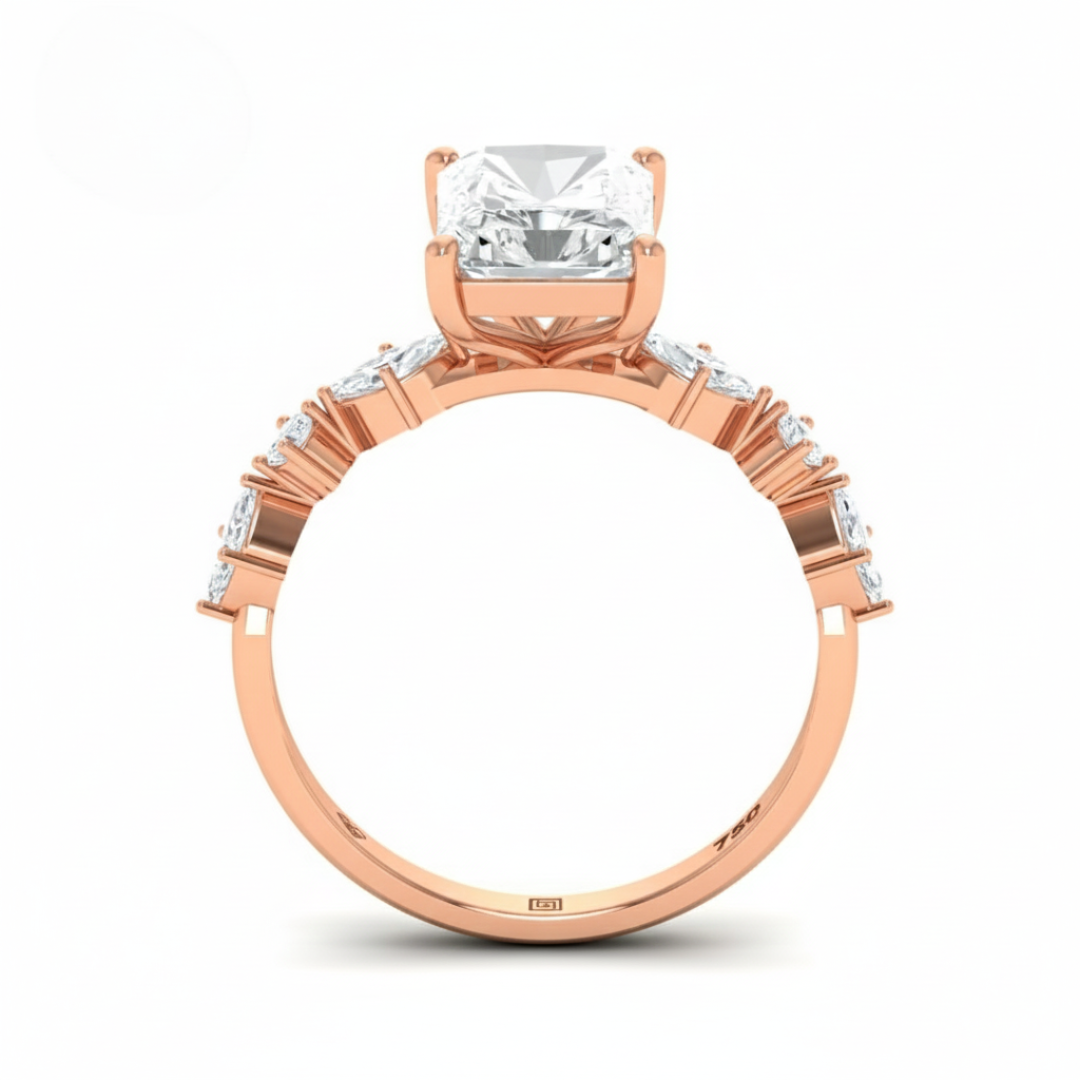 Elizabeth Radiant Cut Diamond Engagement Ring With A Marquise And Round Cut Diamond Band