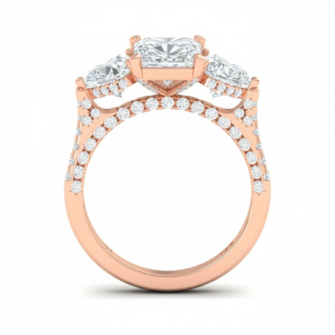Victoria Radiant Cut Diamond Engagement Ring with Heart Cut Side Diamonds and 3D Diamond Band