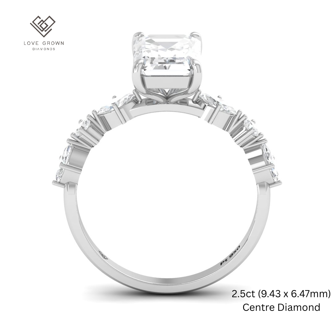 Elizabeth Emerald Cut Diamond Engagement Ring With A Marquise and Round Cut Diamond Band