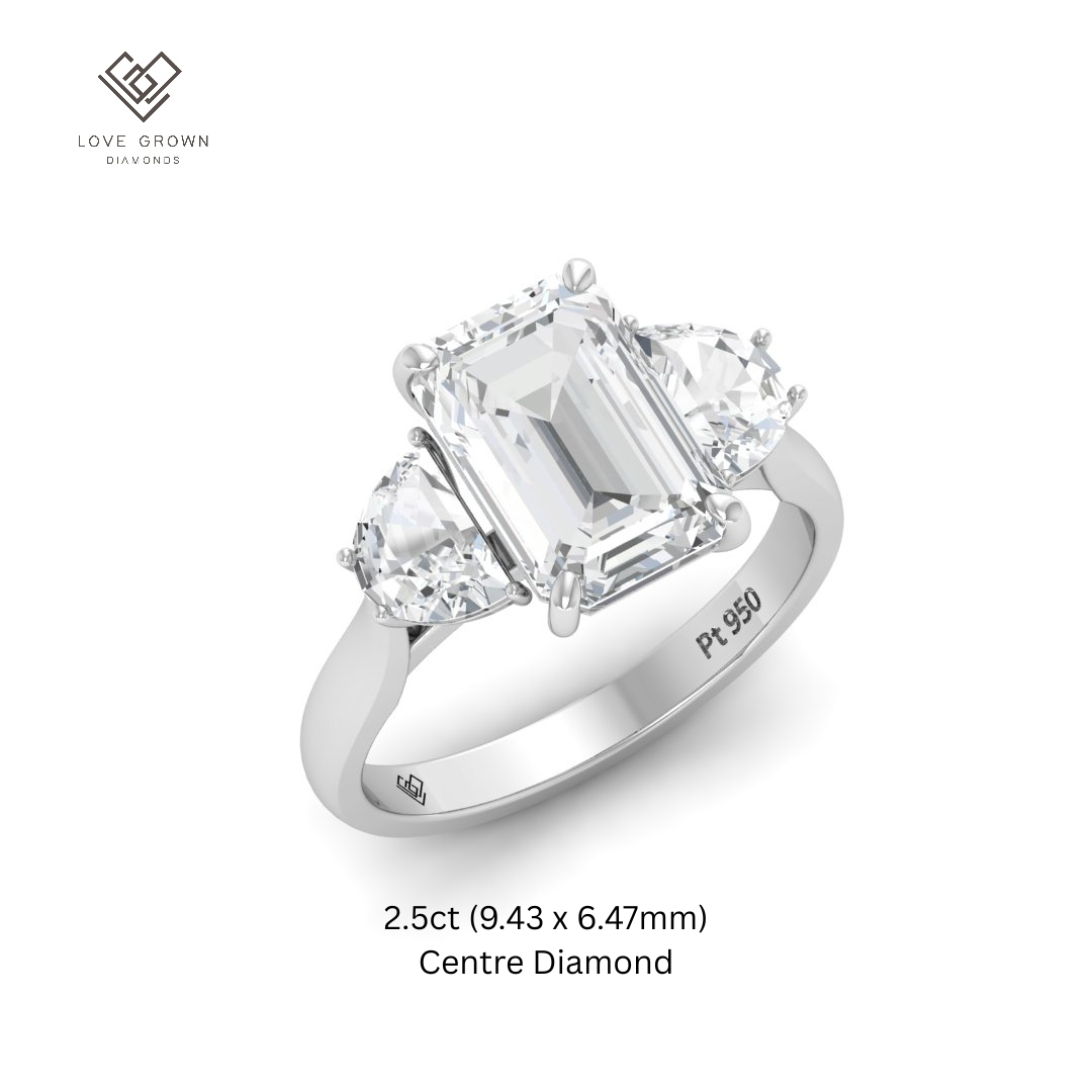 Kamala Emerald Cut Diamond Engagement Ring with Half Moon Cut Sides Diamonds