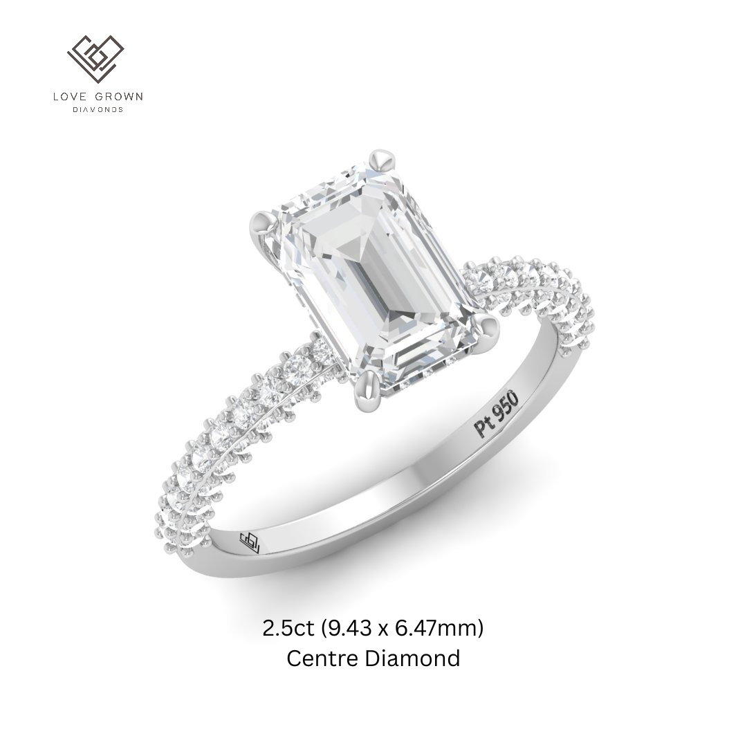 Mia Emerald Cut Diamond Engagement Ring with Diamond Hidden Halo and 3D Diamond Band