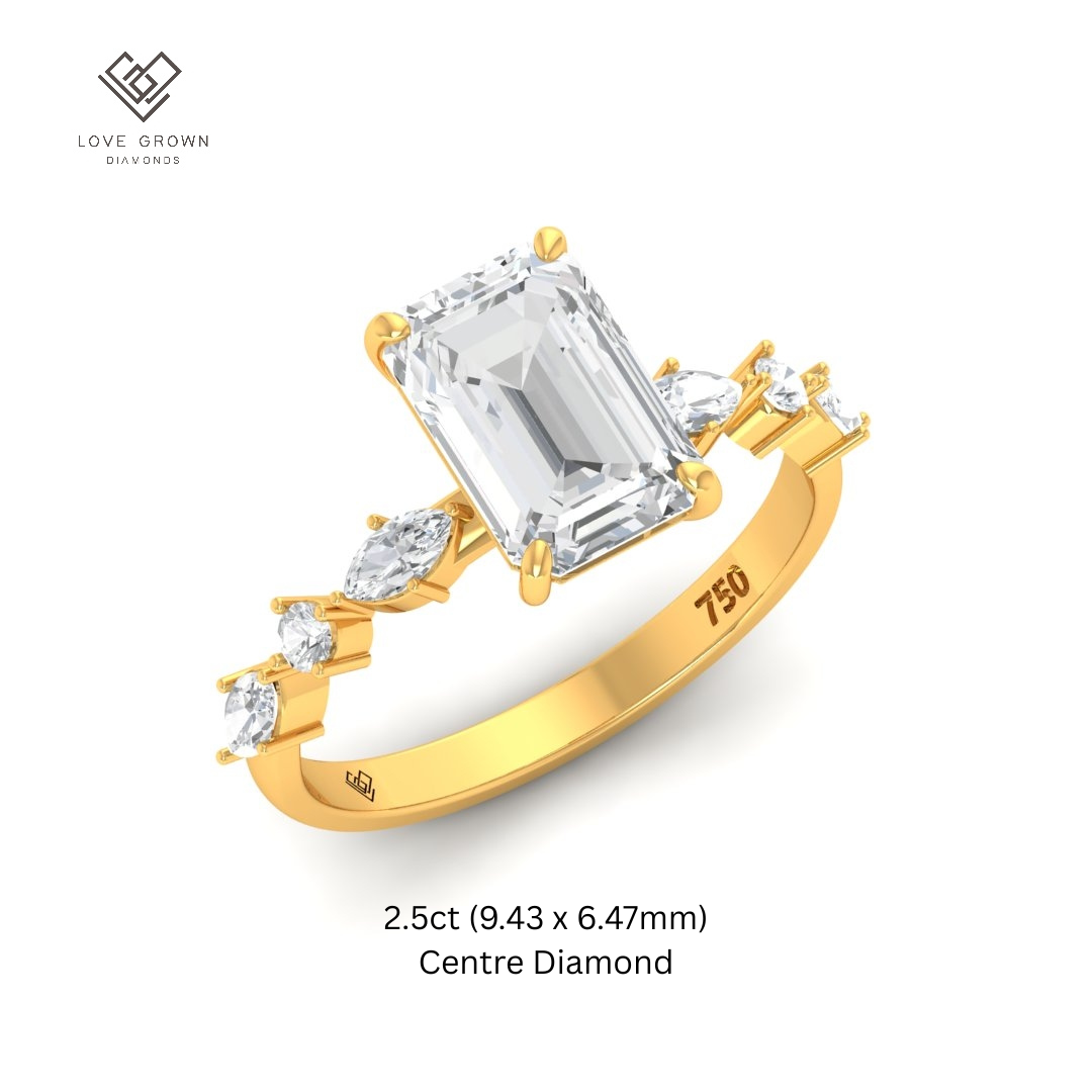 Elizabeth Emerald Cut Diamond Engagement Ring With A Marquise and Round Cut Diamond Band