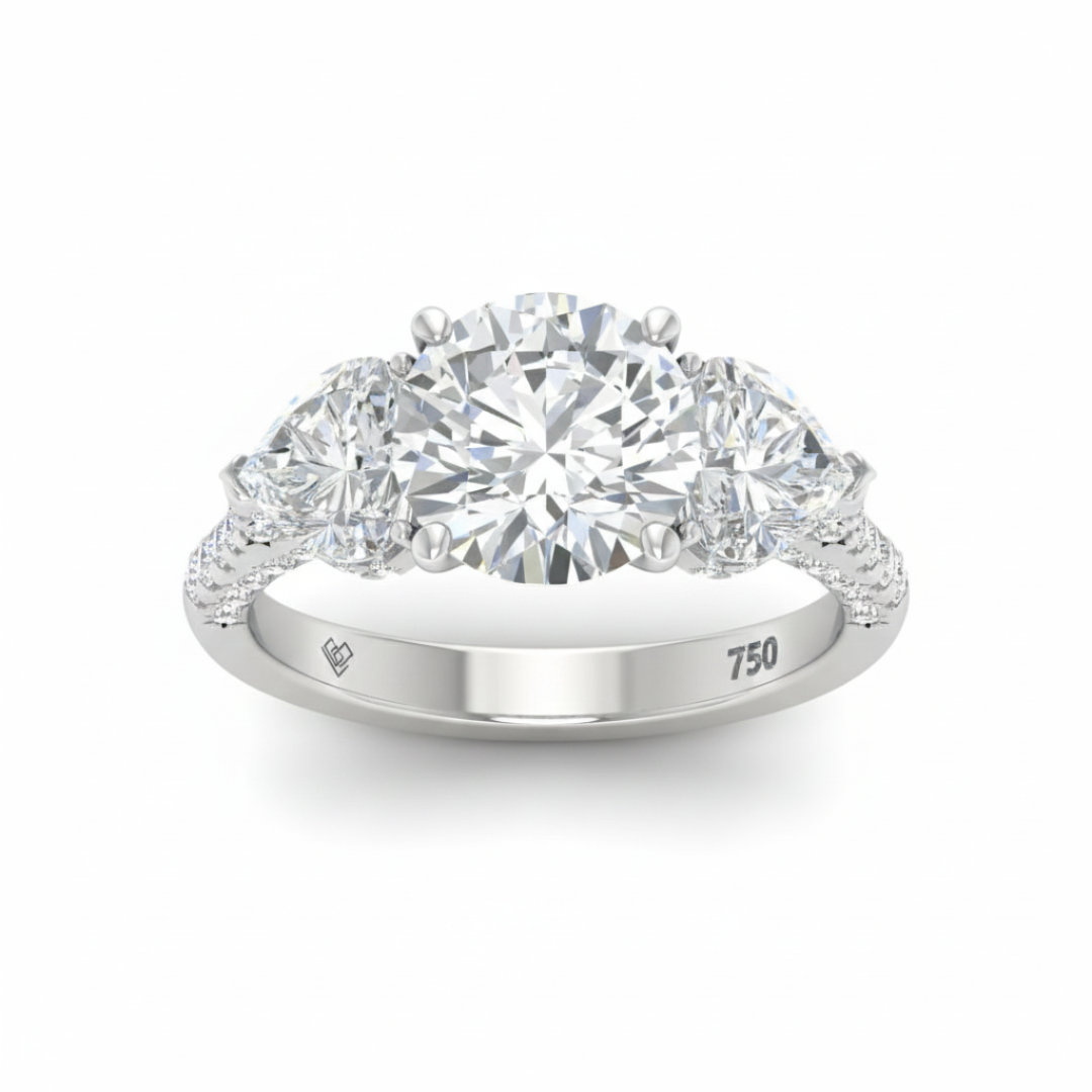 Victoria Round Brilliant Cut Diamond Engagement Ring with Heart Cut Side Diamonds and 3D Diamond Band