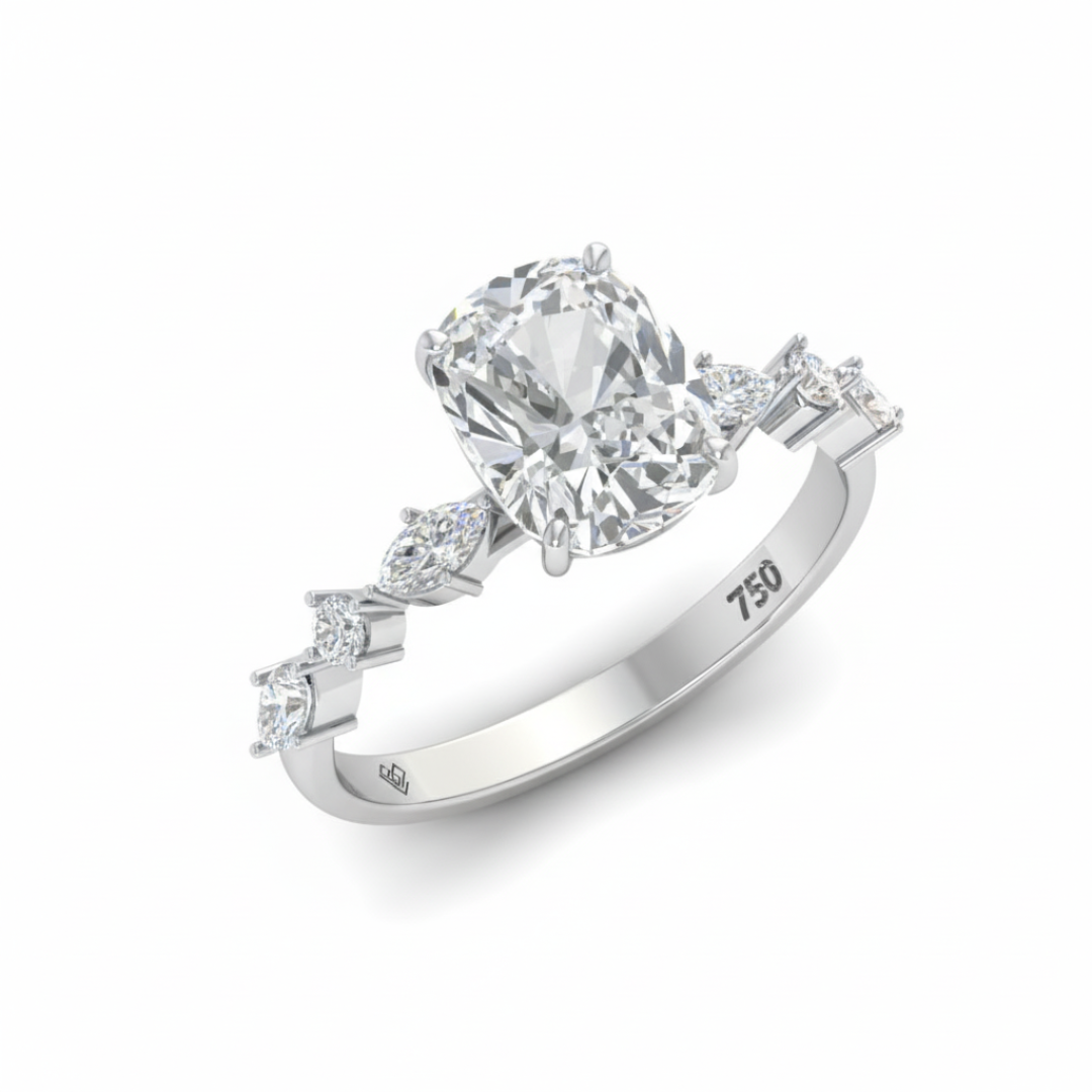 Elizabeth Cushion Diamond Engagement Ring With A Marquise and Round Cut Diamond Band