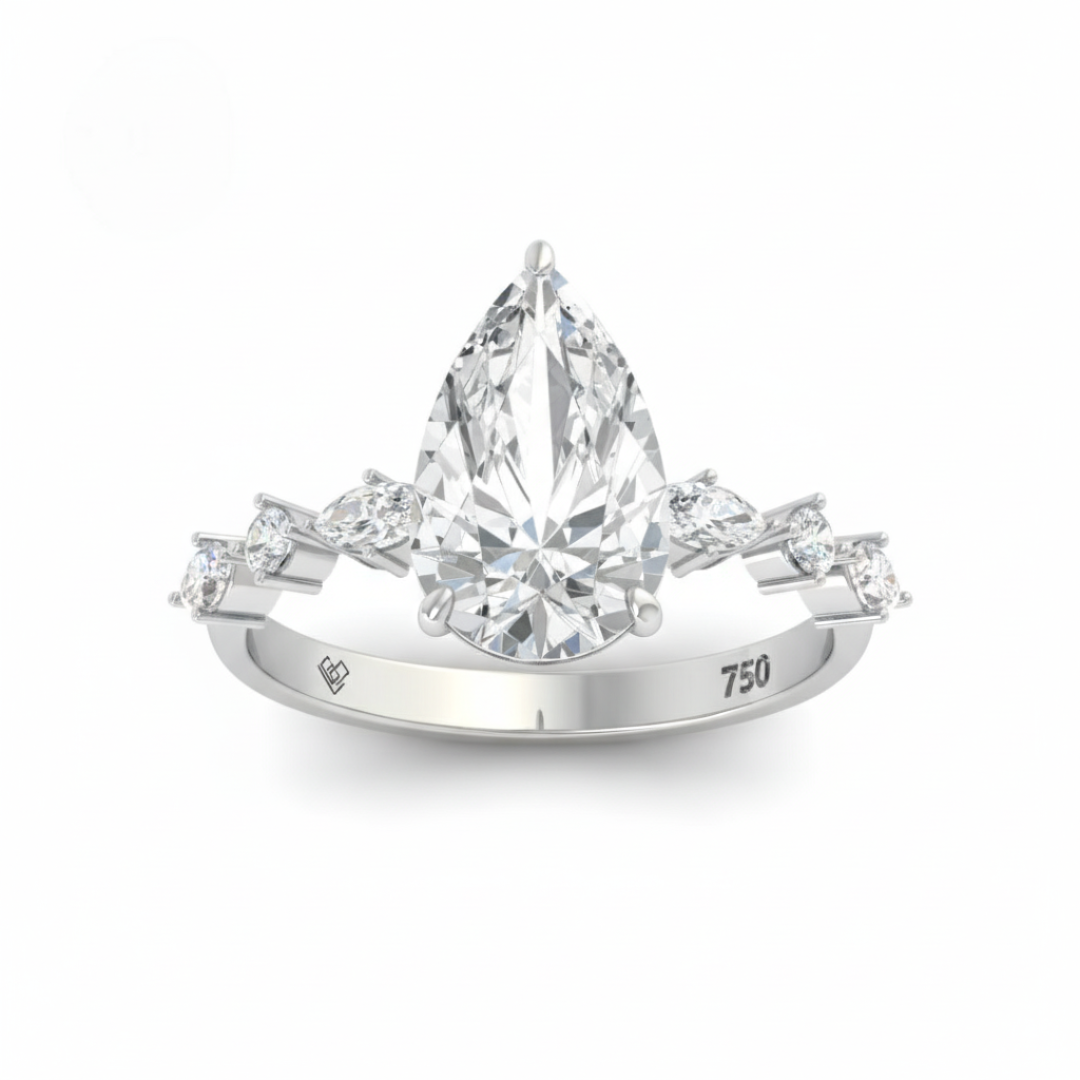 Elizabeth Pear Cut Diamond Engagement Ring With A Marquise And Round Cut Diamond Band