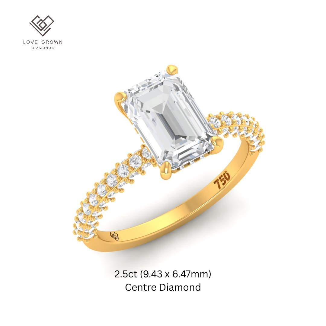Mia Emerald Cut Diamond Engagement Ring with Diamond Hidden Halo and 3D Diamond Band