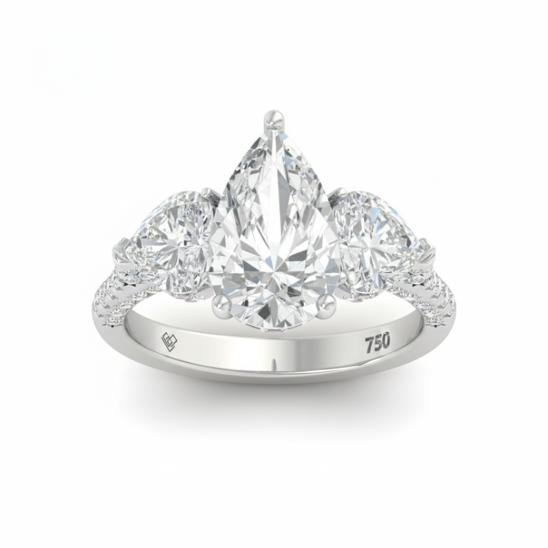Victoria Pear Cut Diamond Engagement Ring with Heart Cut Side Diamonds and 3D Diamond Band