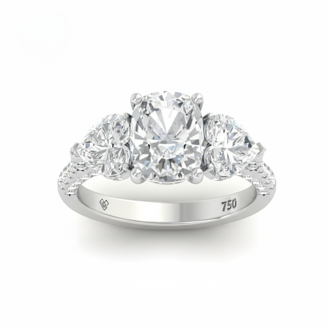 Victoria Cushion Cut Diamond Engagement Ring with Heart Cut Side Diamonds and 3D Diamond Band