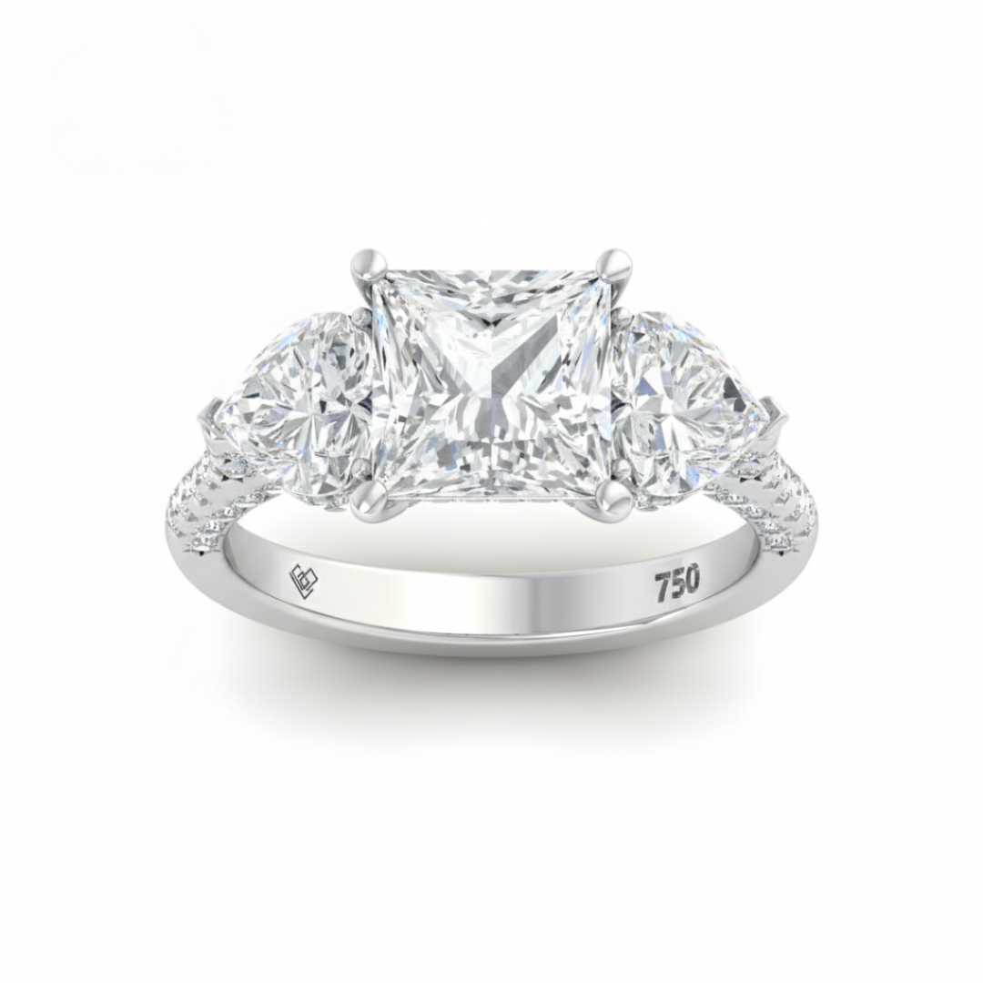 Victoria Princess Cut Diamond Engagement Ring with Heart Cut Side Diamonds and 3D Diamond Band