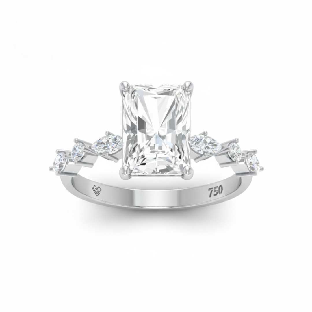 Elizabeth Radiant Cut Diamond Engagement Ring With A Marquise And Round Cut Diamond Band
