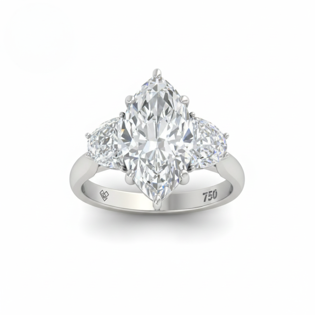 Kamala Marquise Cut Diamond Enagement Ring with Half Moon Cut Side Diamonds