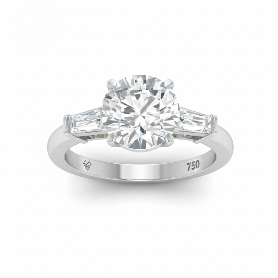 Mary Round Brilliant Cut Diamond Engagement Ring With Tapering Baguette Cut Side Diamond