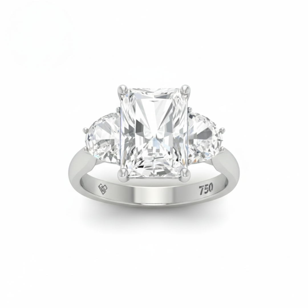Kamala Radiant Cut Diamond Engagement Ring With Half Moon Cut Side Diamond