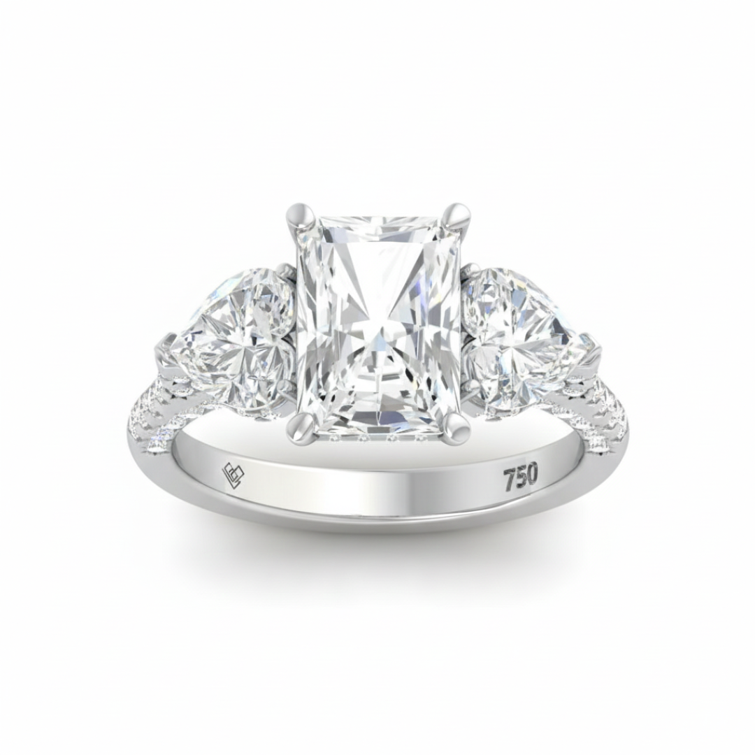Victoria Radiant Cut Diamond Engagement Ring with Heart Cut Side Diamonds and 3D Diamond Band