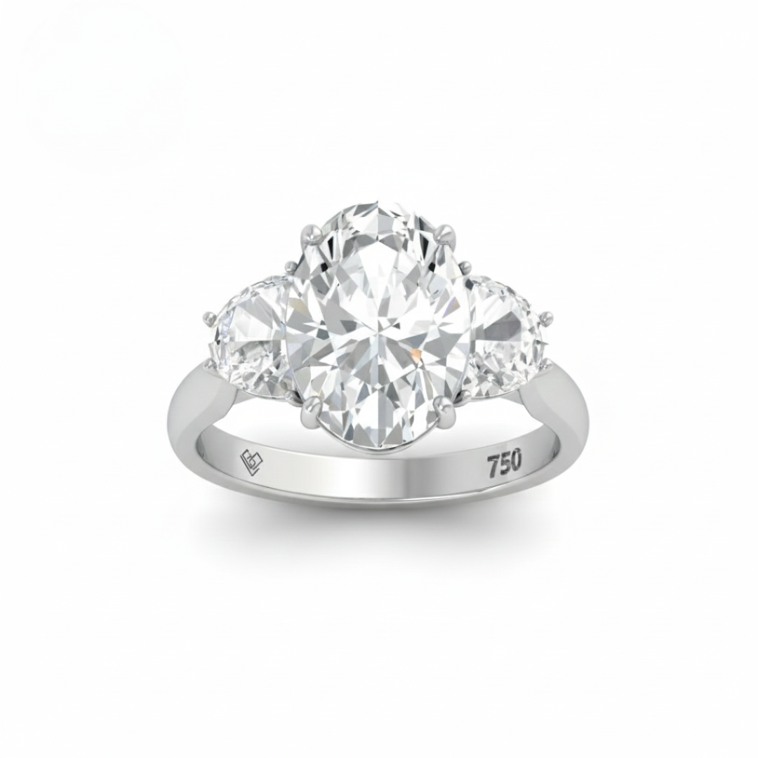 Kamala Oval Cut Diamond Engagement Ring with Half Moon Cut Side Diamonds