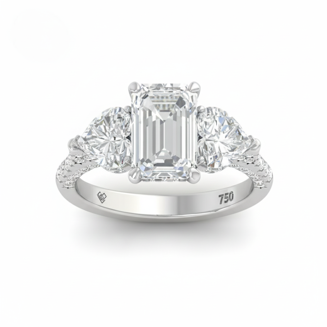 Victoria Emerald Cut Diamond Engagement Ring with Heart Cut Side Diamonds and 3D Diamond Band