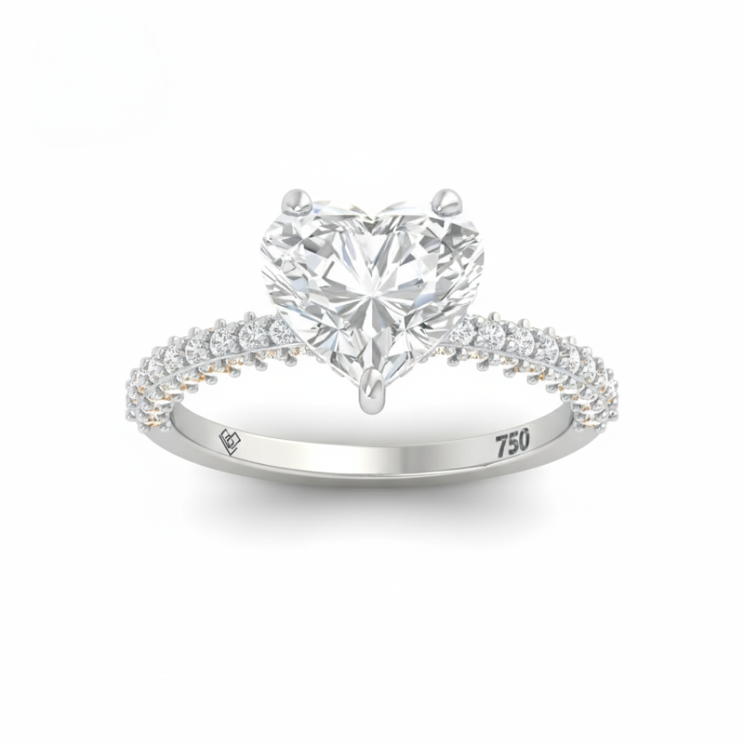 Bague de fiançailles Mia en diamant taille cœur avec halo de diamants cachés et anneau en diamant 3D