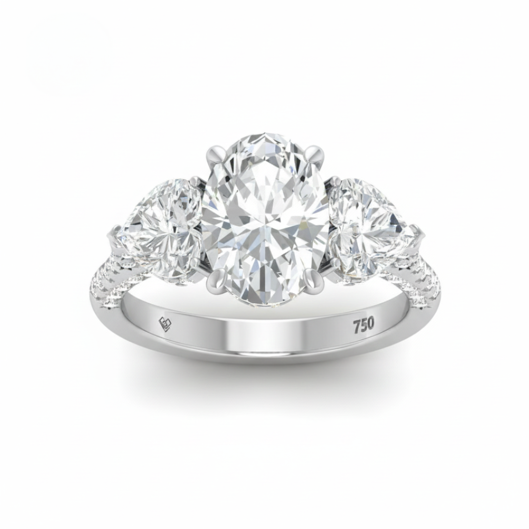 Victoria Oval Cut Diamond Engagement Ring with Heart Cut Side Diamonds and 3D Diamond Band