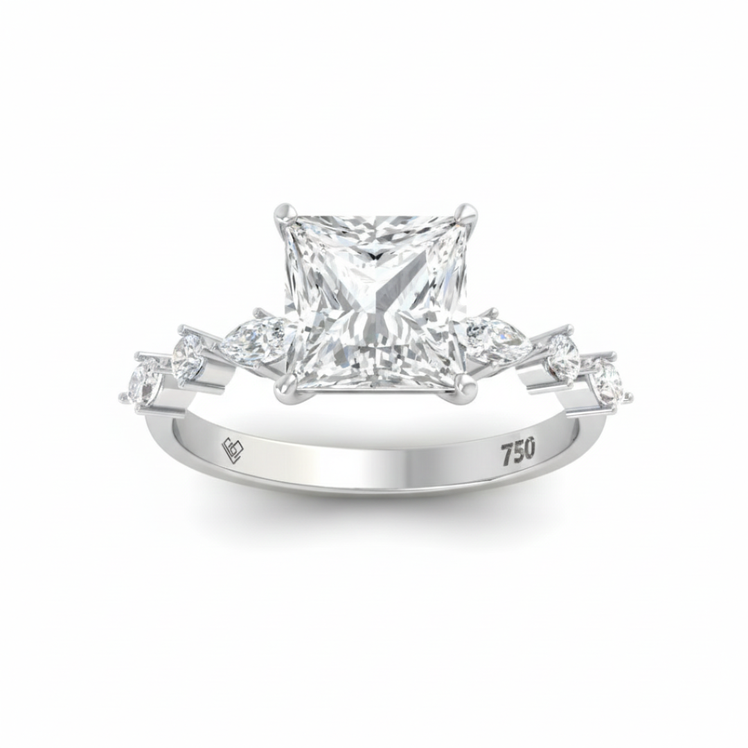 Elizabeth Princess Cut Diamond Engagement Ring With A Marquise and Round Cut Diamond Band