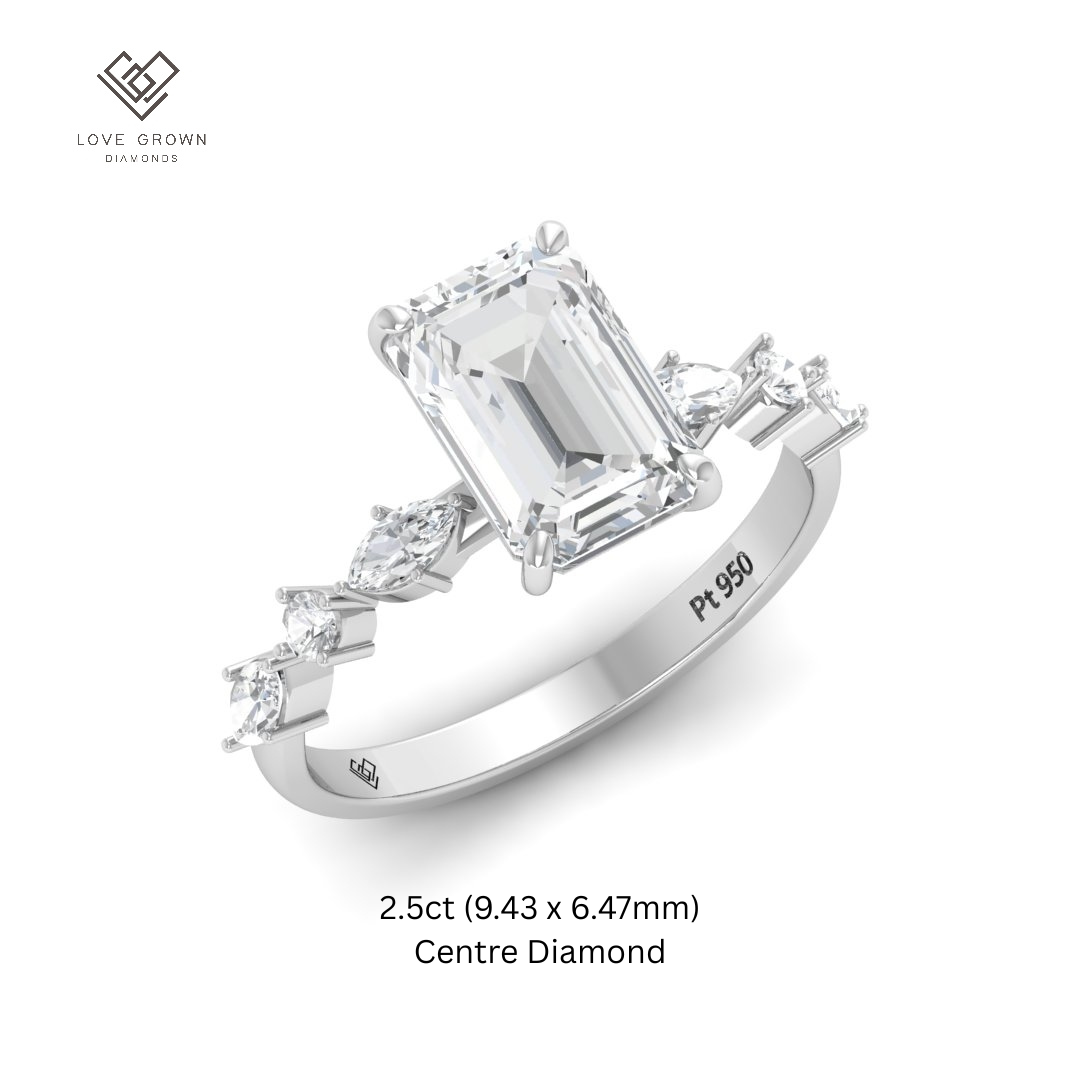 Elizabeth Emerald Cut Diamond Engagement Ring With A Marquise and Round Cut Diamond Band